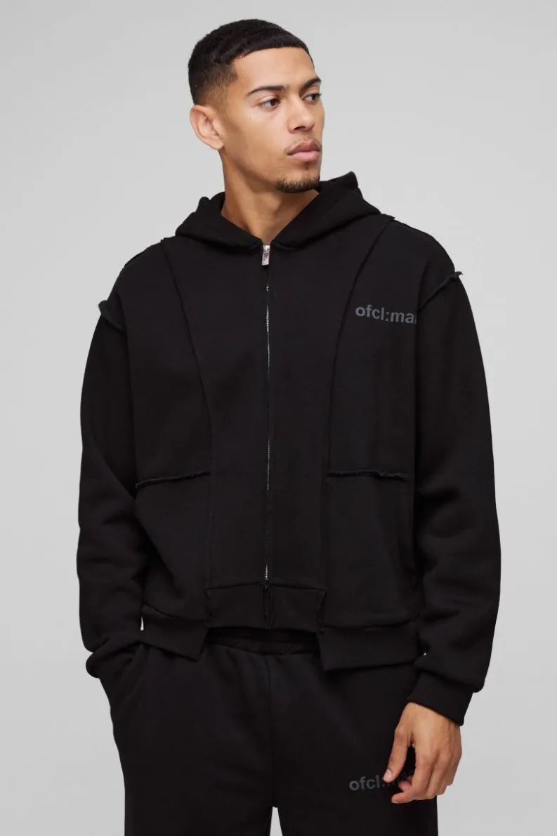 Cheap boohooMAN Oversized Boxy Seam Detail Raw Edge Zip Through Hoodie black