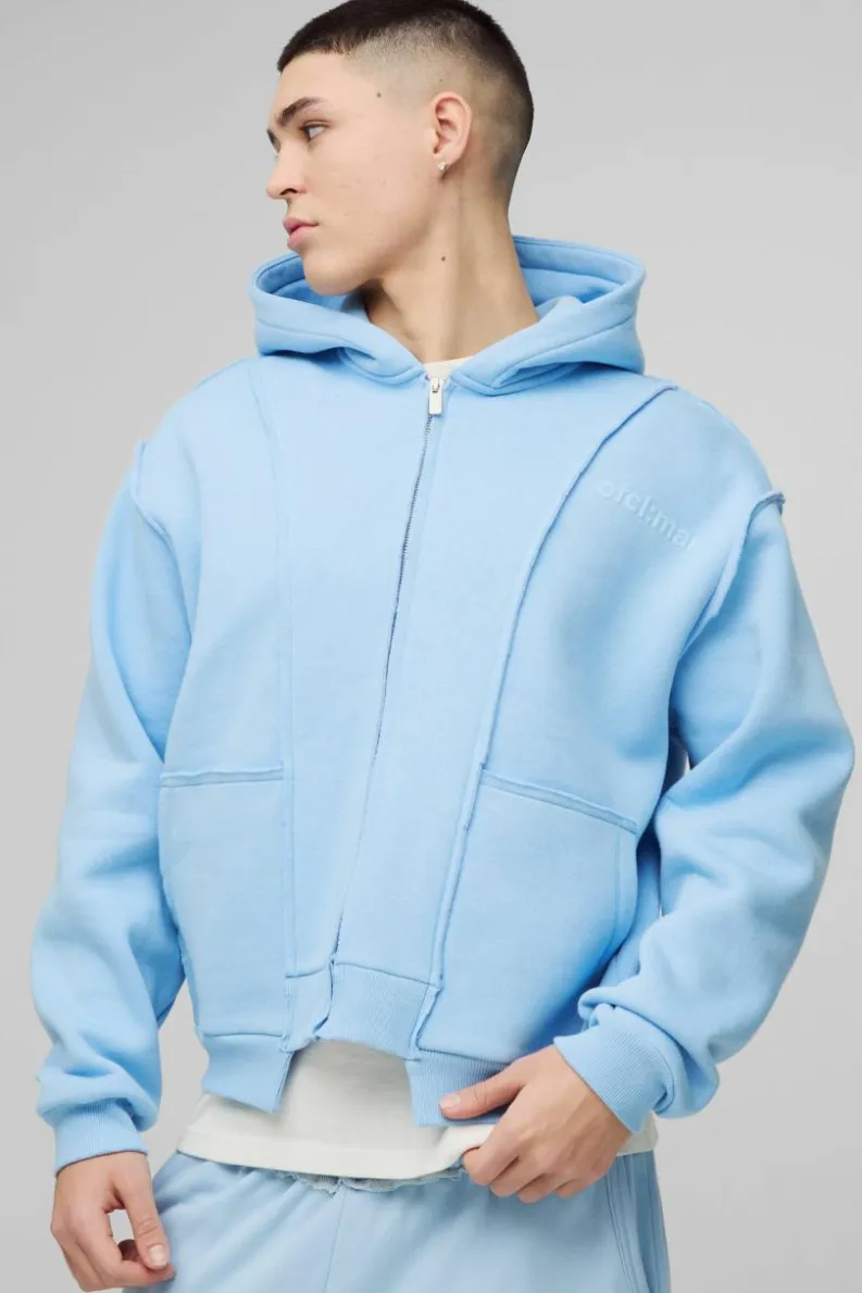 Online boohooMAN Oversized Boxy Seam Detail Raw Edge Zip Through Hoodie blue