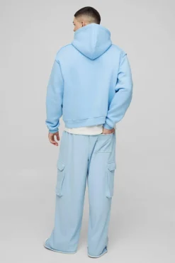 Online boohooMAN Oversized Boxy Seam Detail Raw Edge Zip Through Hoodie blue