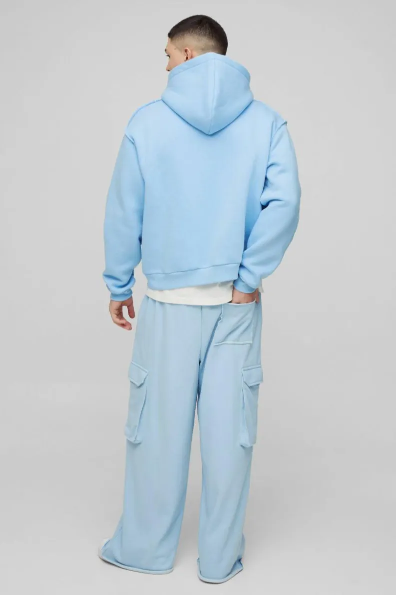 Online boohooMAN Oversized Boxy Seam Detail Raw Edge Zip Through Hoodie blue