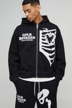 Store boohooMAN Oversized Boxy Skeleton Puff Print Contrast Stitch Zip Through Hooded Tracksuit black
