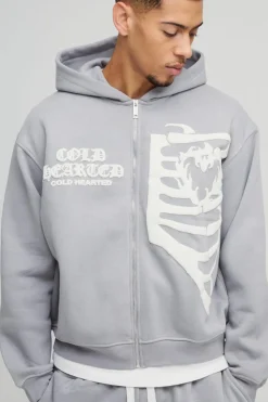 Best boohooMAN Oversized Boxy Skeleton Puff Print Contrast Stitch Zip Through Hooded Tracksuit grey marl