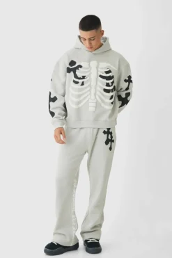 Discount boohooMAN Oversized Boxy Skeleton Puff Print Cross Tracksuit grey