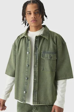 Discount boohooMAN Oversized Boxy 3/4 Sleeve Denim Overshirt green
