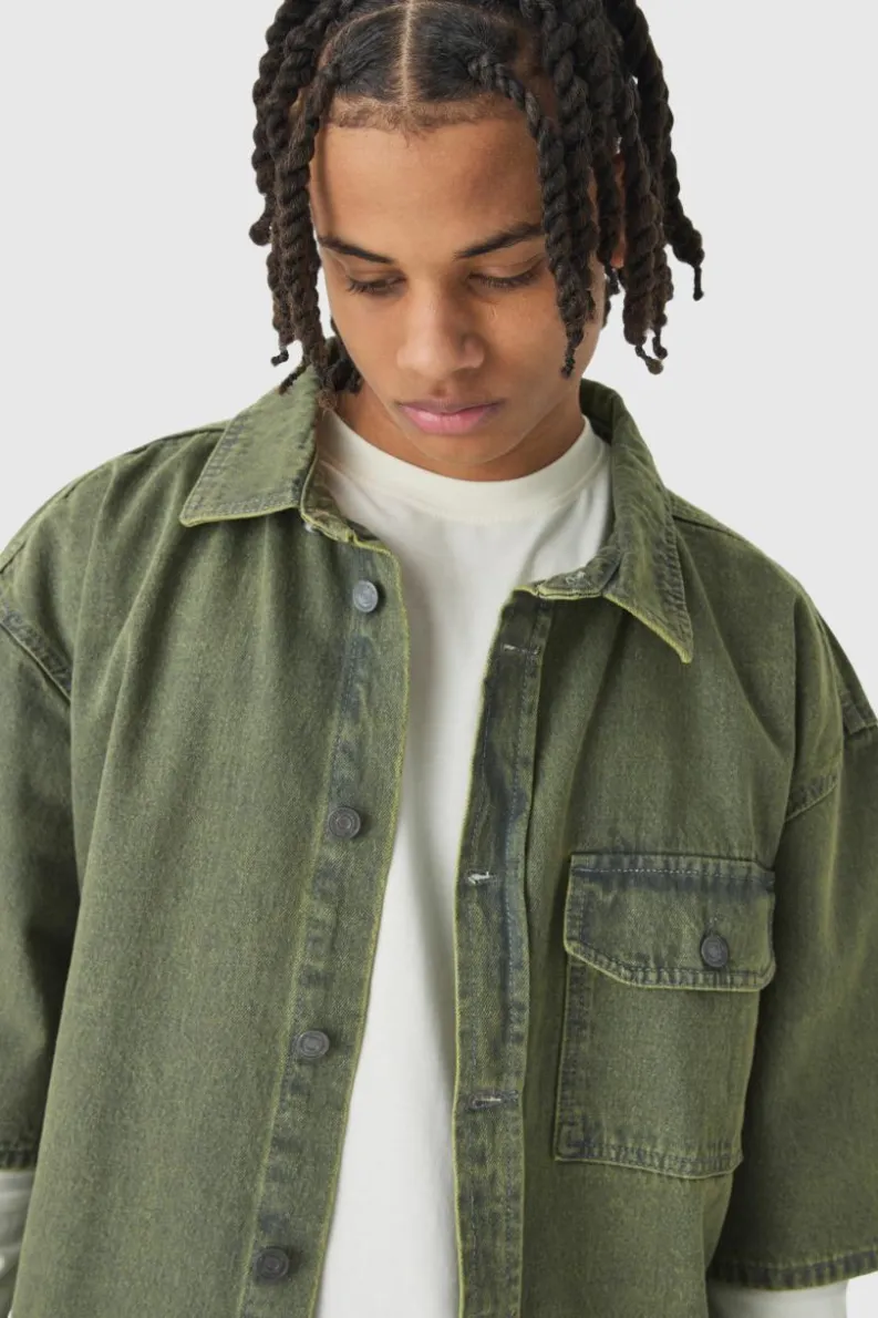 Discount boohooMAN Oversized Boxy 3/4 Sleeve Denim Overshirt green