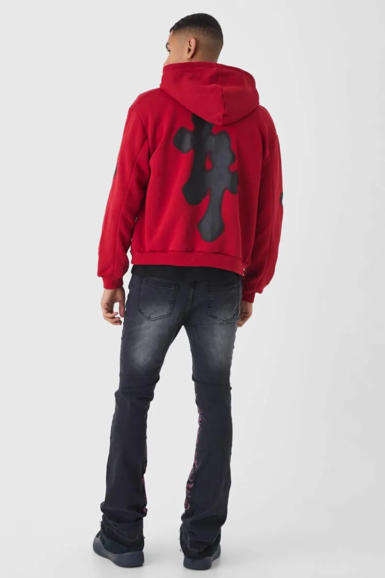 New boohooMAN Oversized Boxy Spray Cross Zip Through Hoodie red