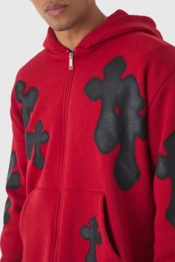 New boohooMAN Oversized Boxy Spray Cross Zip Through Hoodie red