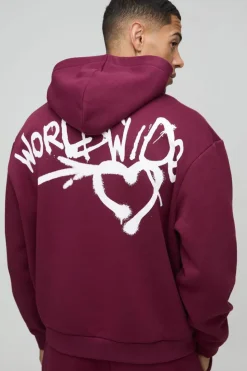 Store boohooMAN Oversized Boxy Spray Graffiti Print Hoodie burgundy