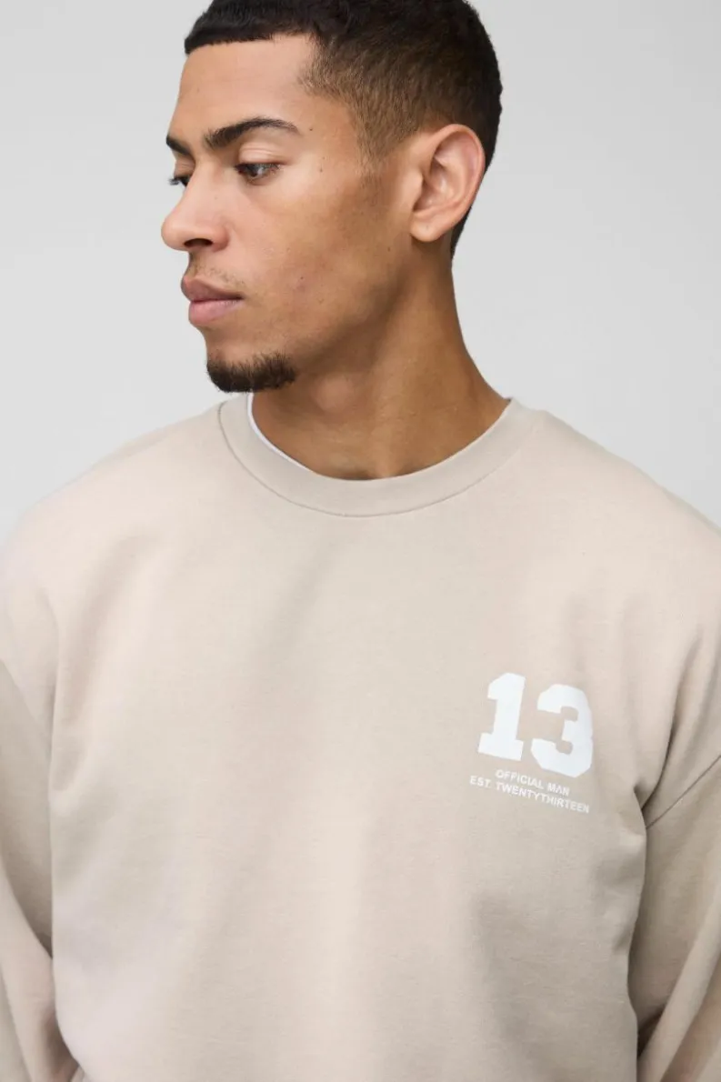 Outlet boohooMAN Oversized Boxy Spray Wash Ofcl Printed Sweatshirt stone