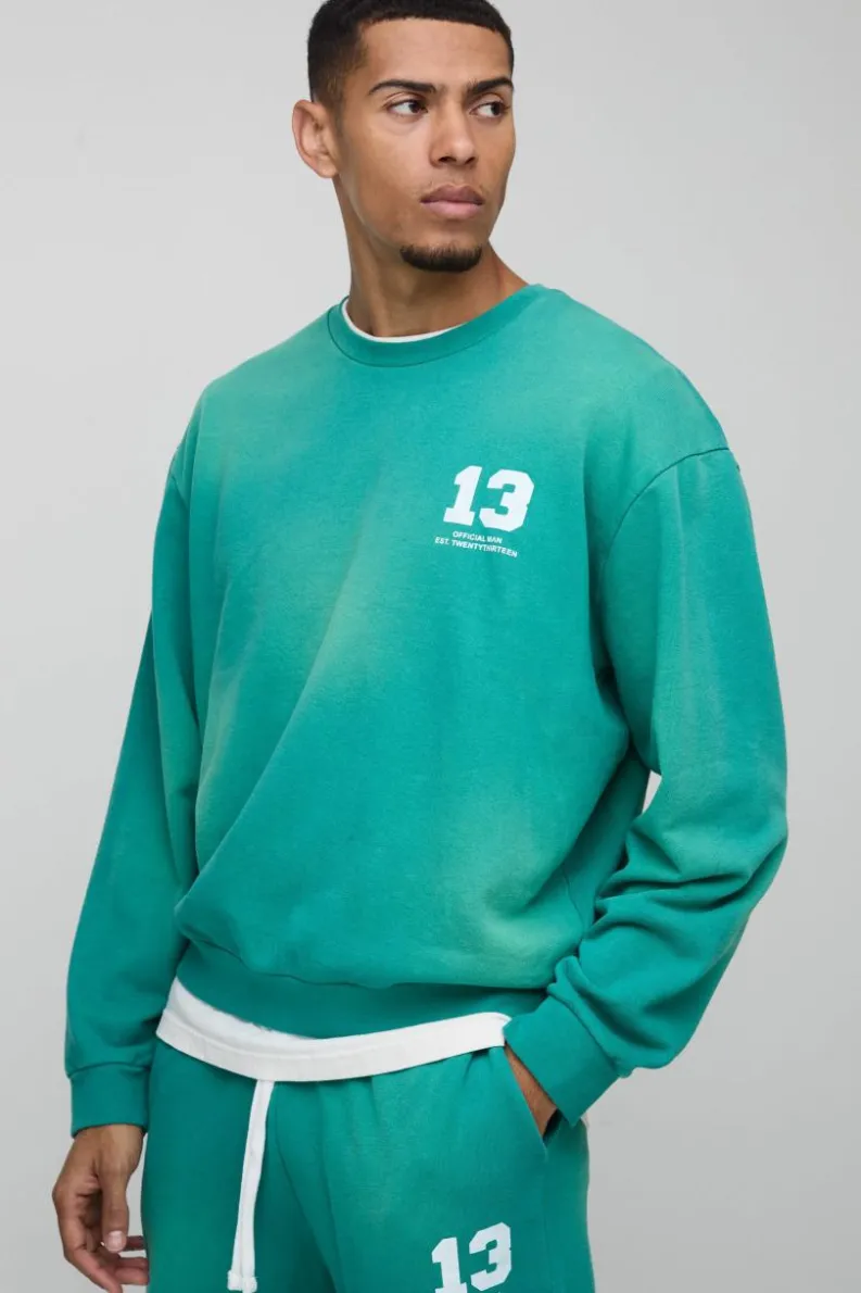 Cheap boohooMAN Oversized Boxy Spray Wash Ofcl Printed Sweatshirt green