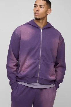Flash Sale boohooMAN Oversized Boxy Spray Wash Zip Through Tracksuit purple