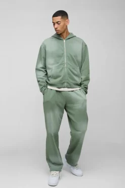 Outlet boohooMAN Oversized Boxy Spray Wash Zip Through Tracksuit khaki