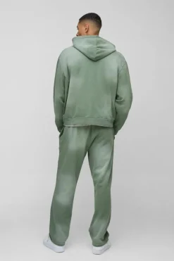Outlet boohooMAN Oversized Boxy Spray Wash Zip Through Tracksuit khaki