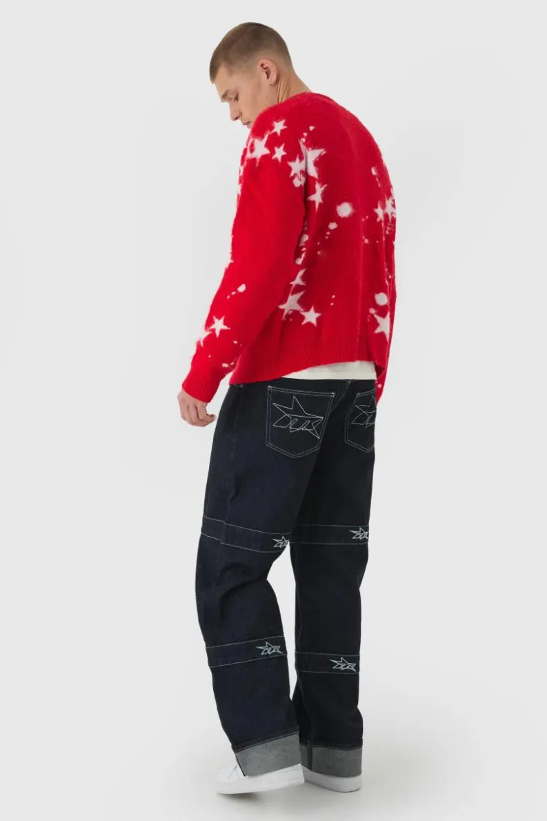 New boohooMAN Oversized Boxy Star Brushed Knitted Cardigan red