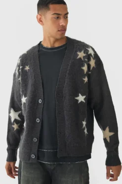 Cheap boohooMAN Oversized Boxy Star Brushed Knitted Cardigan charcoal
