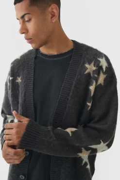 Cheap boohooMAN Oversized Boxy Star Brushed Knitted Cardigan charcoal