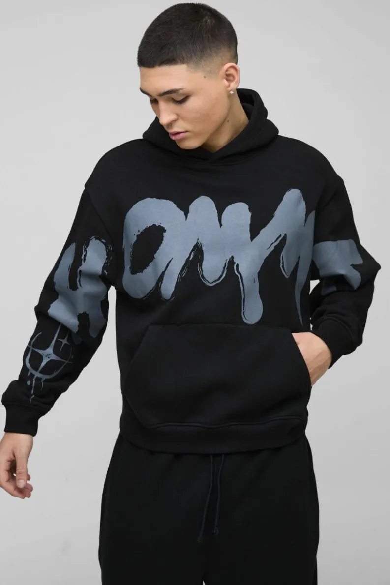 Shop boohooMAN Oversized Boxy Star Homme Hoodie black