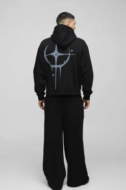 Shop boohooMAN Oversized Boxy Star Homme Hoodie black