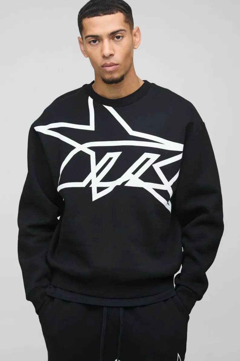 Discount boohooMAN Oversized Boxy Star Printed Sweatshirt black