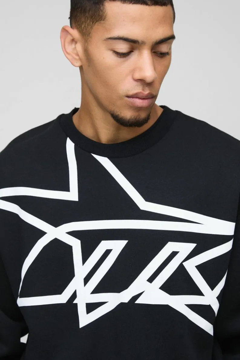 Discount boohooMAN Oversized Boxy Star Printed Sweatshirt black