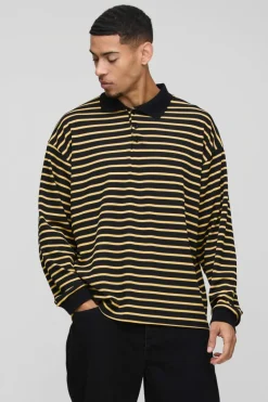 Outlet boohooMAN Oversized Boxy Stripe Rib Rugby Polo yellow