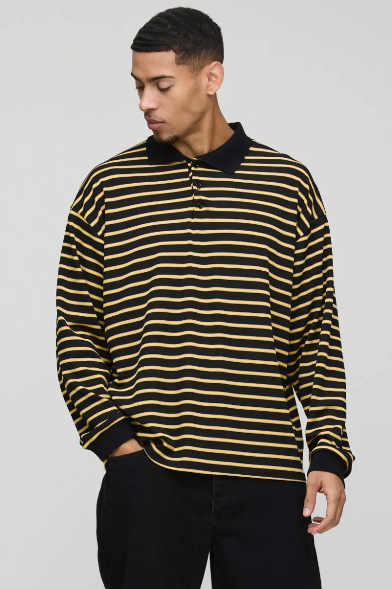 Outlet boohooMAN Oversized Boxy Stripe Rib Rugby Polo yellow