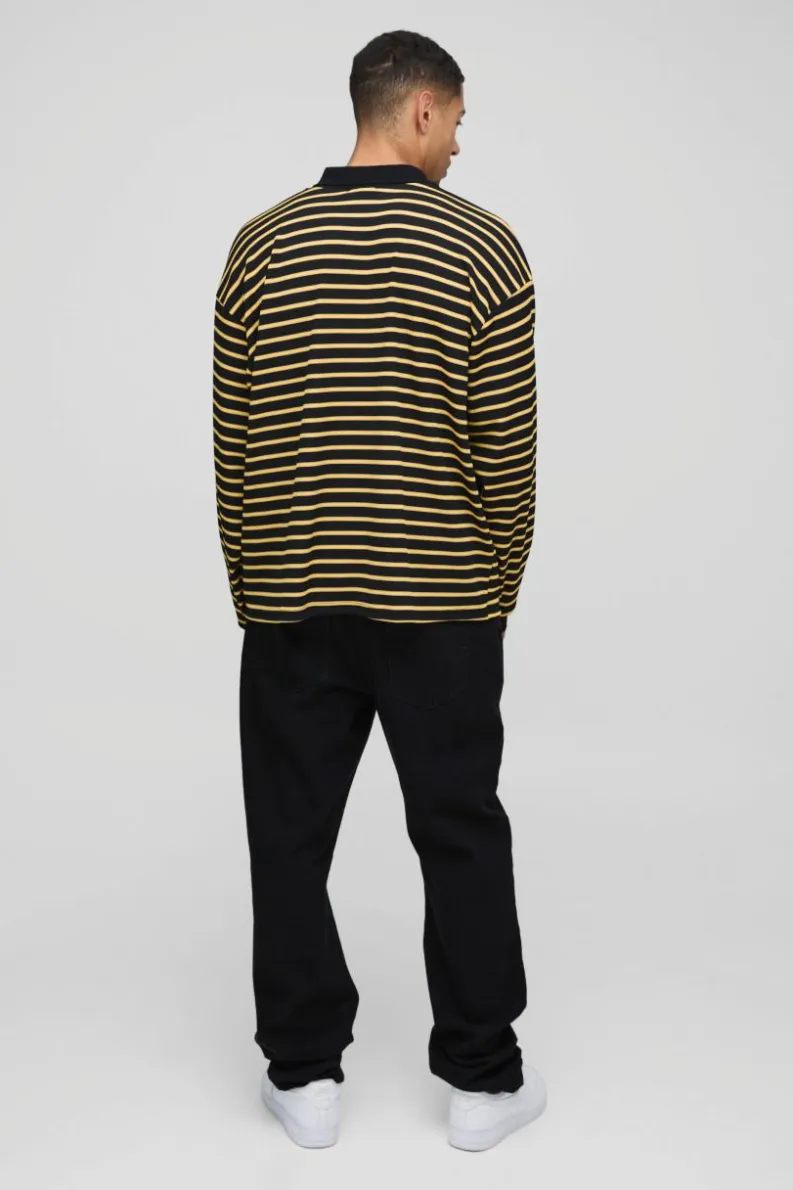 Outlet boohooMAN Oversized Boxy Stripe Rib Rugby Polo yellow