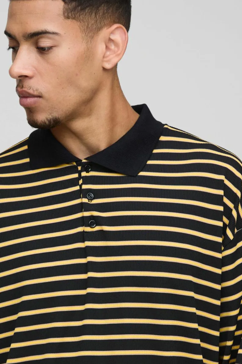 Outlet boohooMAN Oversized Boxy Stripe Rib Rugby Polo yellow