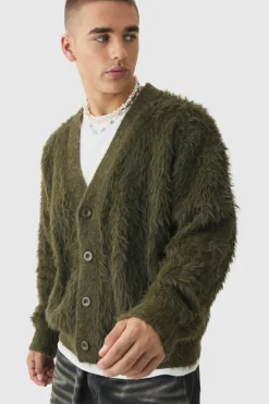 Store boohooMAN Oversized Boxy Super Fluffy Knitted Cardigan khaki