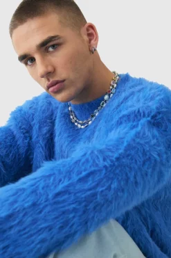 Clearance boohooMAN Oversized Boxy Super Fluffy Knitted Jumper cobalt