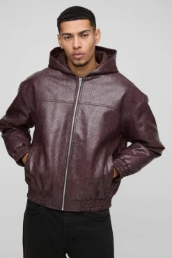 New boohooMAN Oversized Boxy Textured PU Hooded Bomber Jacket burgundy