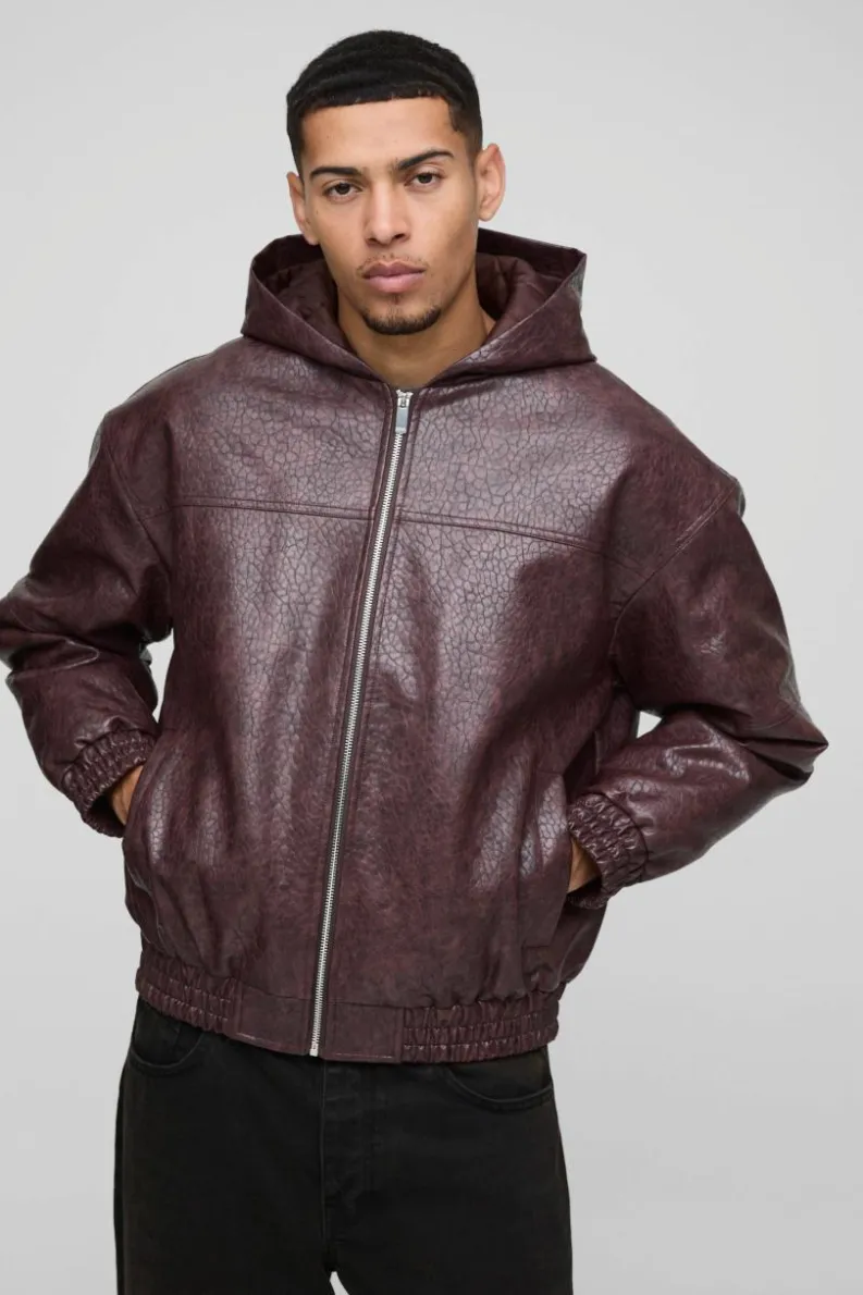 New boohooMAN Oversized Boxy Textured PU Hooded Bomber Jacket burgundy