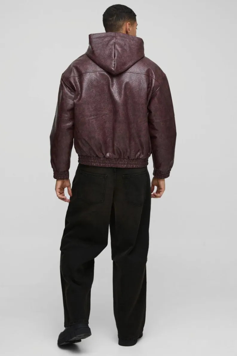 New boohooMAN Oversized Boxy Textured PU Hooded Bomber Jacket burgundy