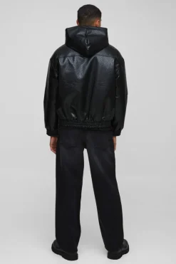 Discount boohooMAN Oversized Boxy Textured PU Hooded Bomber Jacket black