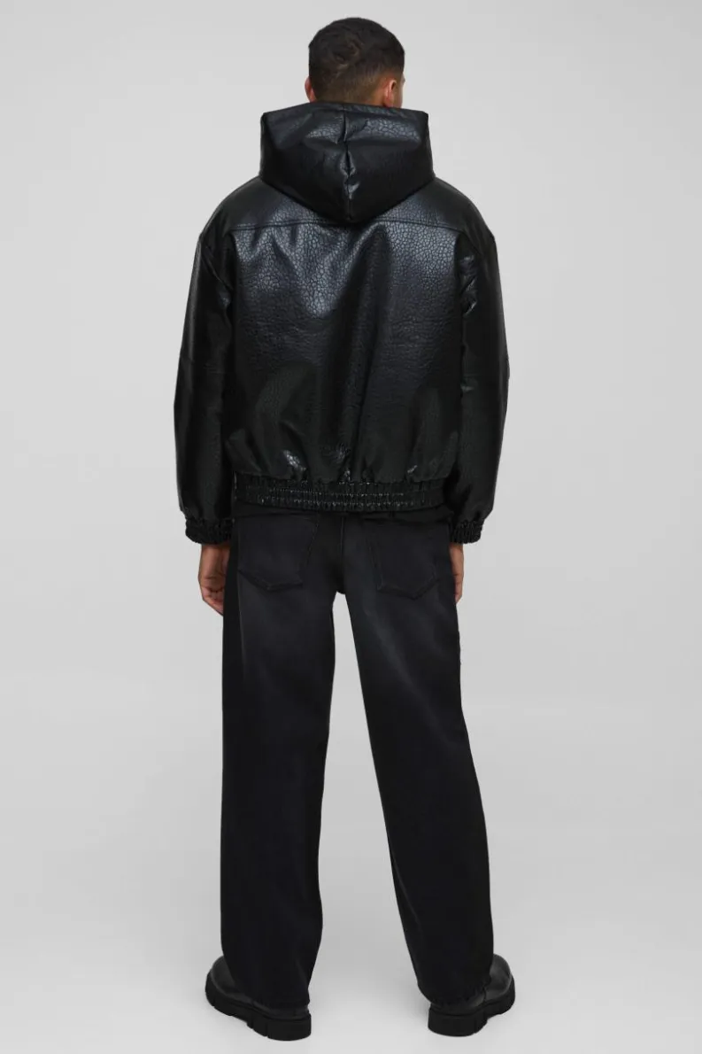 Discount boohooMAN Oversized Boxy Textured PU Hooded Bomber Jacket black