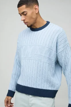 Online boohooMAN Oversized Boxy Tonal Cable Knitted Jumper blue