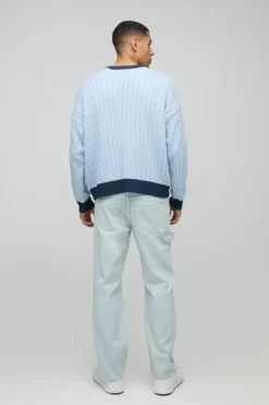 Online boohooMAN Oversized Boxy Tonal Cable Knitted Jumper blue