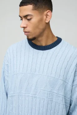 Online boohooMAN Oversized Boxy Tonal Cable Knitted Jumper blue