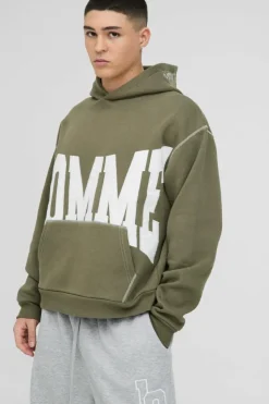 Sale boohooMAN Oversized Boxy Twill Applique Contrast Stitch Hoodie khaki