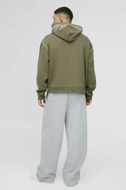 Sale boohooMAN Oversized Boxy Twill Applique Contrast Stitch Hoodie khaki