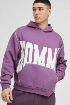 New boohooMAN Oversized Boxy Twill Applique Contrast Stitch Hoodie purple