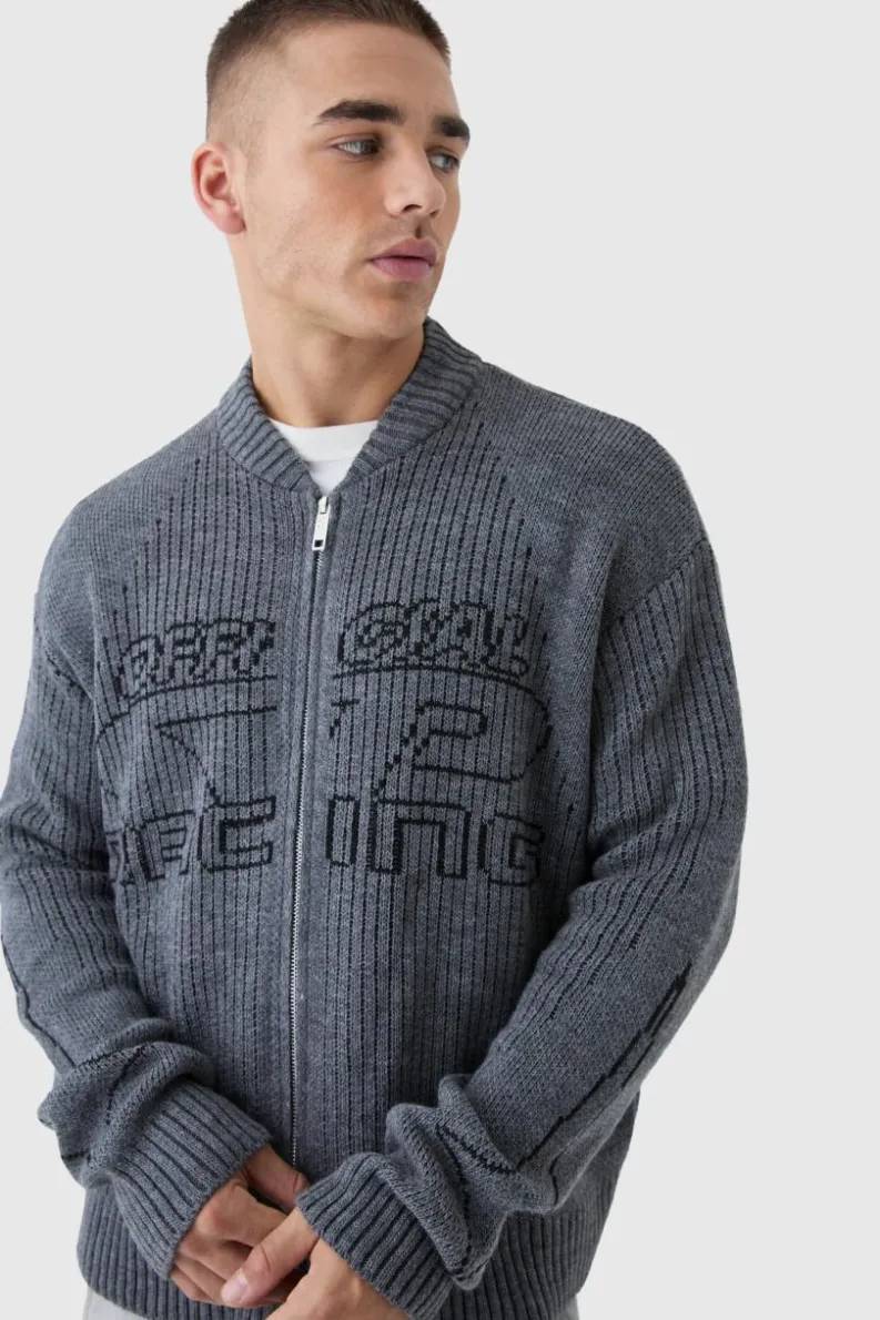 New boohooMAN Oversized Boxy Two Toned Ribbed Knitted Bomber Jacket charcoal
