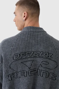 New boohooMAN Oversized Boxy Two Toned Ribbed Knitted Bomber Jacket charcoal