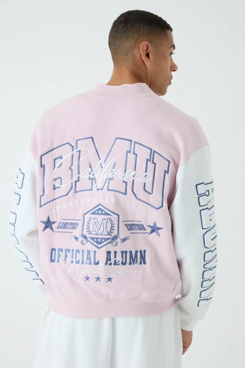 Outlet boohooMAN Oversized Boxy Varsity Applique Jersey Bomber Jacket pink