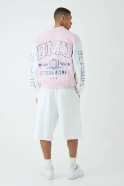 Outlet boohooMAN Oversized Boxy Varsity Applique Jersey Bomber Jacket pink