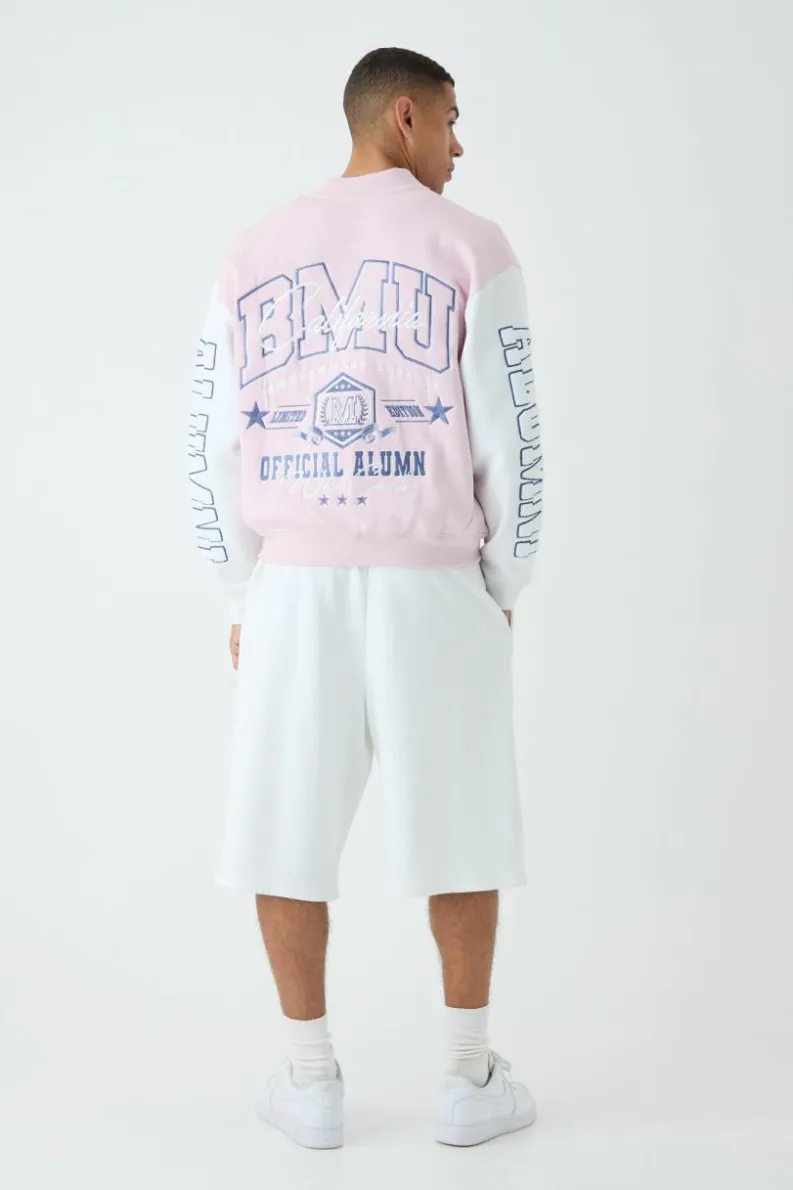 Outlet boohooMAN Oversized Boxy Varsity Applique Jersey Bomber Jacket pink