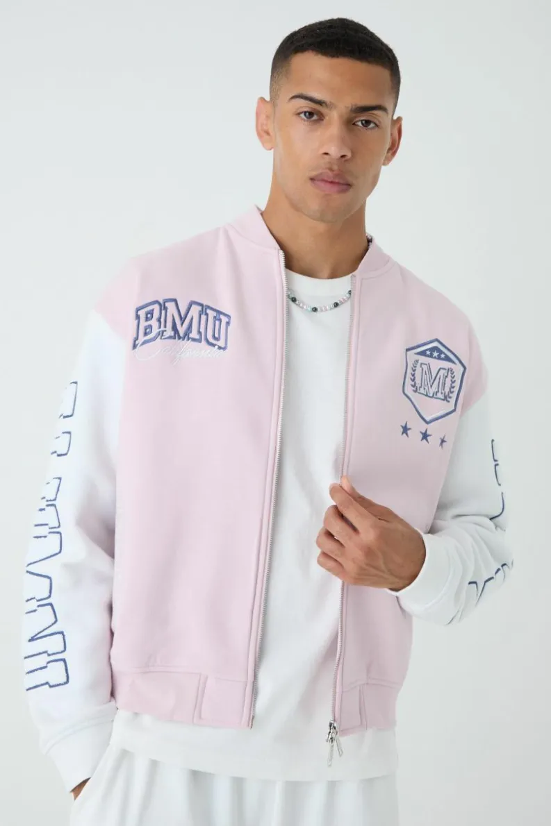 Outlet boohooMAN Oversized Boxy Varsity Applique Jersey Bomber Jacket pink