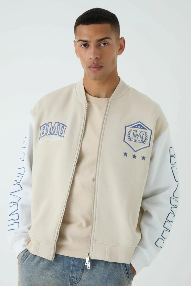 Store boohooMAN Oversized Boxy Varsity Applique Jersey Bomber Jacket taupe