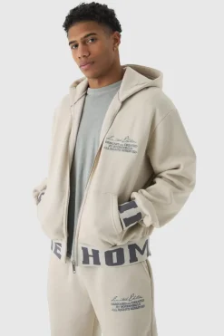Hot boohooMAN Oversized Boxy Varsity Printed Zip Through Tracksuit stone