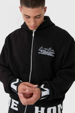 Fashion boohooMAN Oversized Boxy Varsity Printed Zip Through Hoodie black